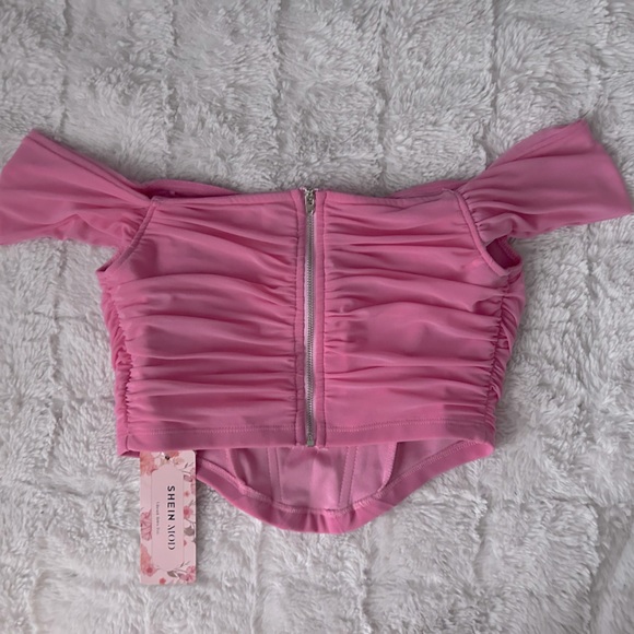 Off the shoulder, pink mesh corset top with a zipper back. Brand SHEIN. - Picture 3 of 3